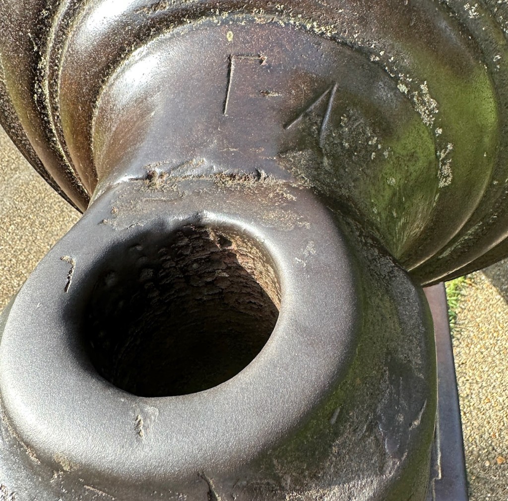 Breech end of the Ely cannon shows the horizontal breech loop and the letters GA