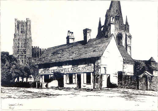 Cromwell's House, Ely, when it was the Cromwell Arms pub with St Mary's church and the cathedral in the background.