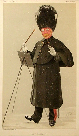 Daniel Godfrey, bandmaster of the Grenadier Guards band. Caricature shows Godfrey in a caped greatcoat and busby conducting while snow falls.