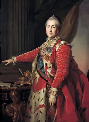 Oil painting of Catherine the Great looking regal in a huge gown of red and ermine.
