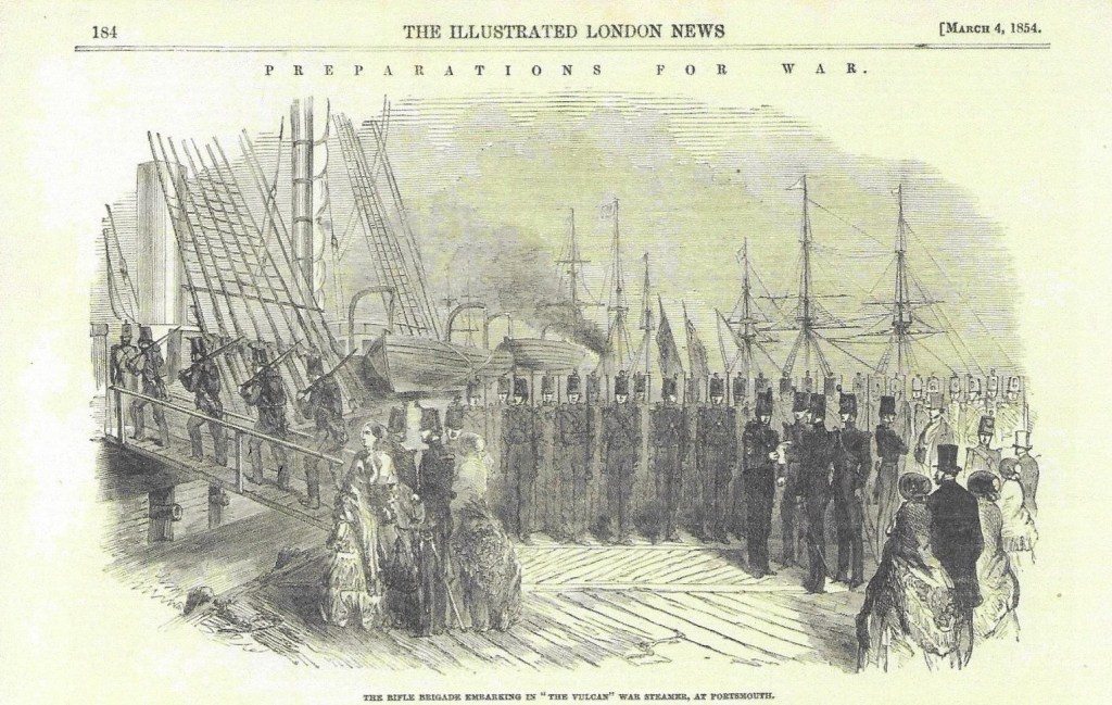 Sketch showing the Rifles boarding a sailing ship, masts of more ships in the background, women in crinolines weeping in the foreground.