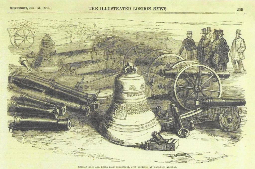 Captured Russian guns and bells at Woolwich, a group of Victorian gentlemen looking on.