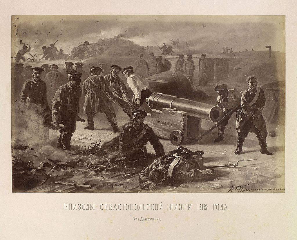 Russian soldiers and cannon, wounded soldiers on the ground, smoke drifting. A dark and moody picture.